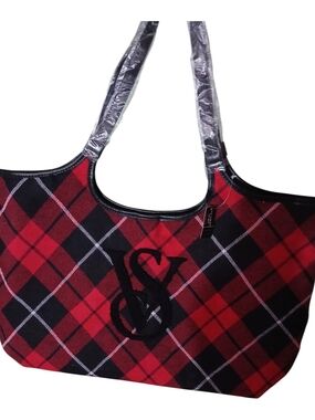 Victoria's Secret Red and Black Plaid Tote with Monogram NWT